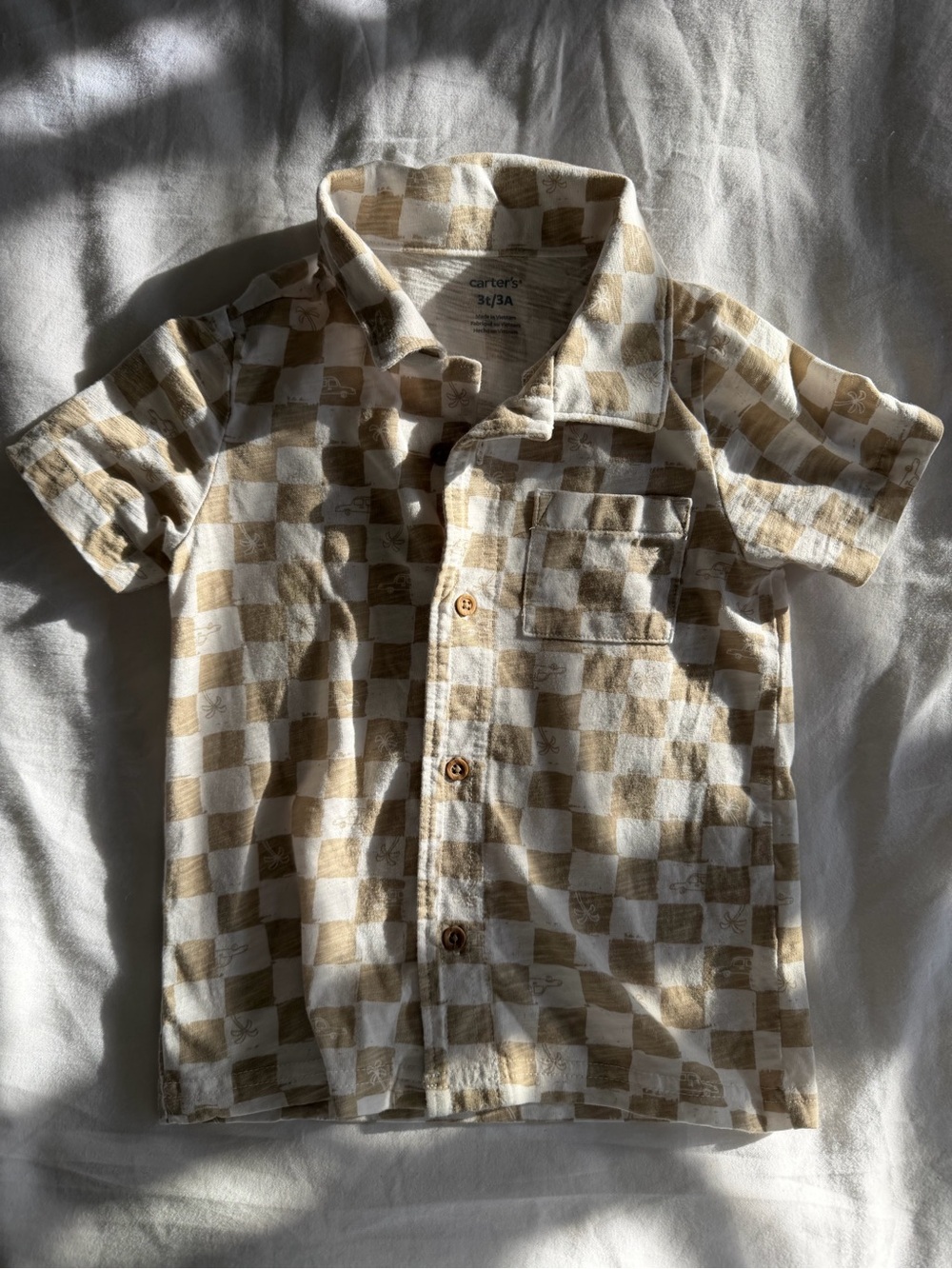 Carter's Kids Short Sleeve Checkered Button-Up Shirt - Beige/White, size 3T